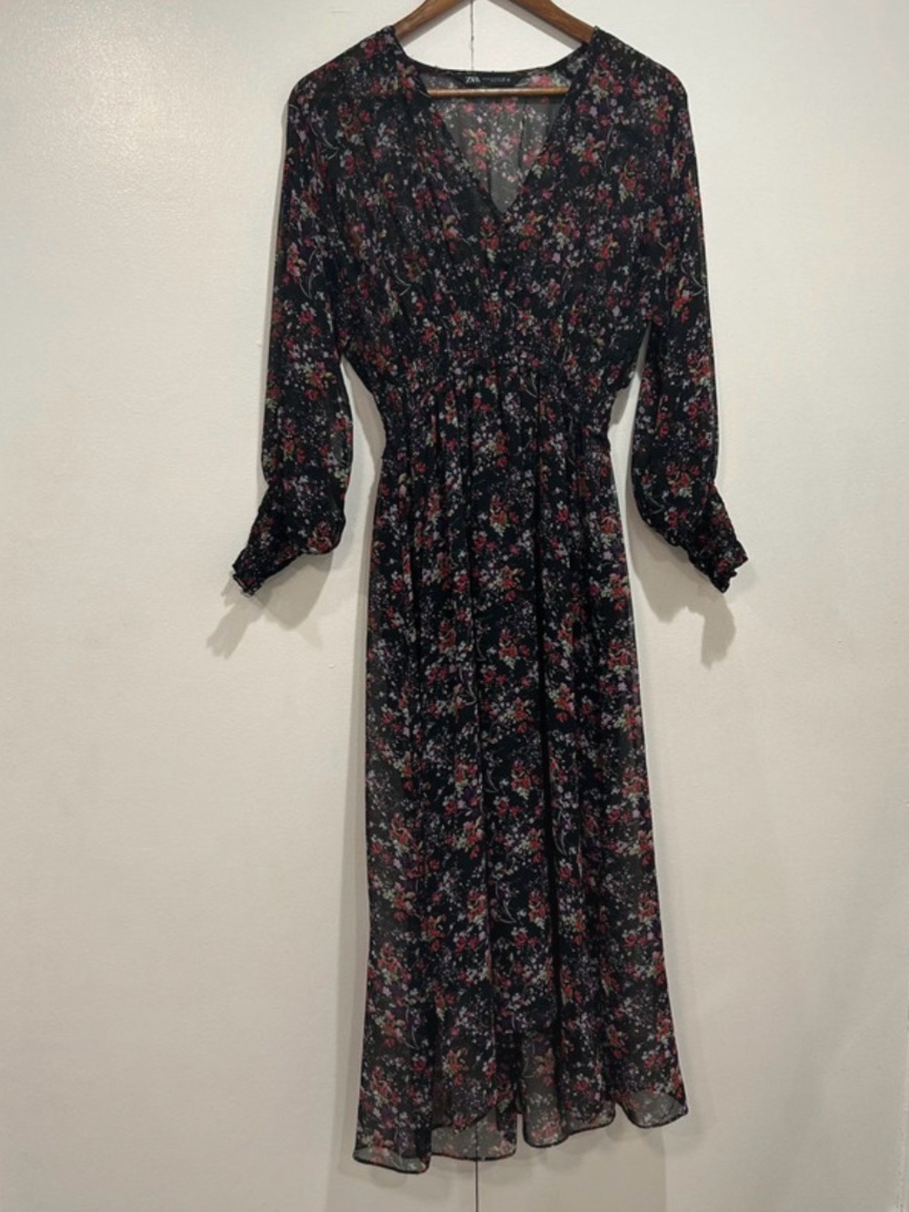 Zara Black Maxi Dress with Pink and Red Floral Print